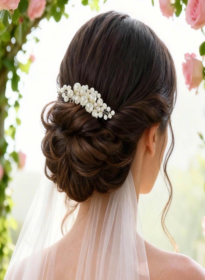 فويت مشط شعر فويت للعرائس مزين باللؤلؤ، قطعة رأس فضية من اللؤلؤ، إكسسوارات شعر من اللؤلؤ للنساء والعرائس - Image 2